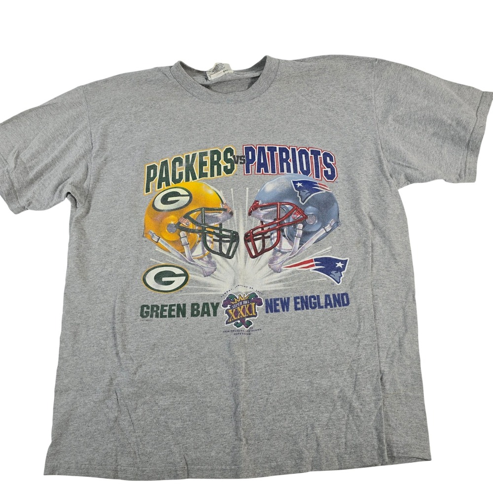 Vintage Lee Sport Packers vs Patriots Super Bowl XXXI T Shirt Men's XL Gray